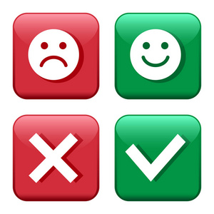 设置红色和绿色图标按钮. 微笑表情符号积极和消极. 确认和拒绝.