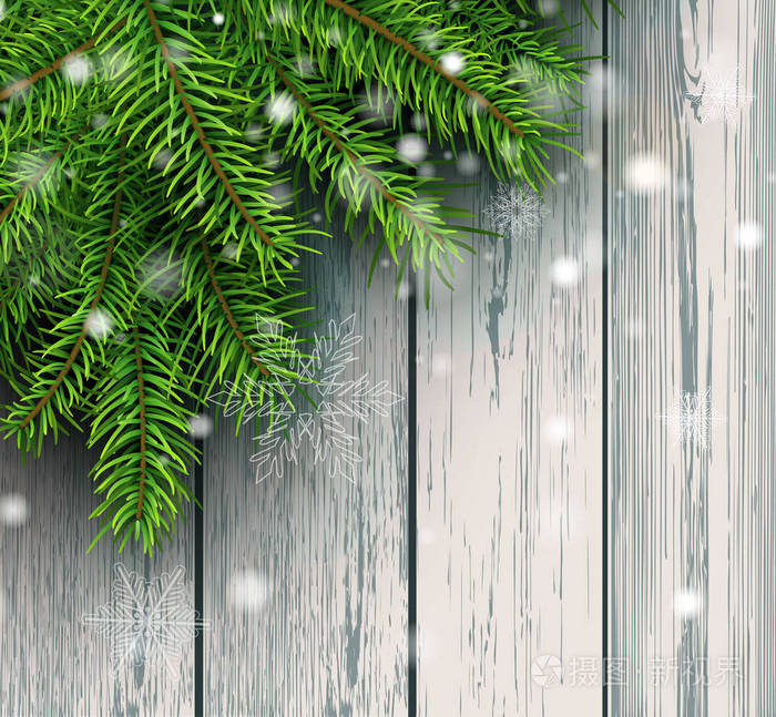 圣诞背景绿杉树装饰旧木板背景雪花