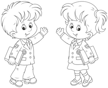 矢量挥舞着女学生和男学生拿着课本,挥舞着双手打招呼,风格的黑白矢量