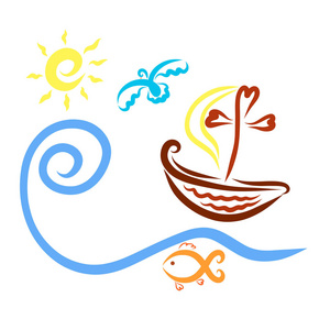 一艘帆在十字架上的船漂浮在波浪上,鱼,太阳和鸟,基督教照片