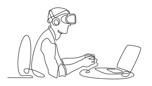 画人在眼镜设备虚拟现实工作在电脑后面, vr 耳机图标矢量简单轮廓图
