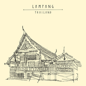 佛教寺庙地面上的木制建筑. 美丽的传统泰国建筑国宝. 手绘明信片.