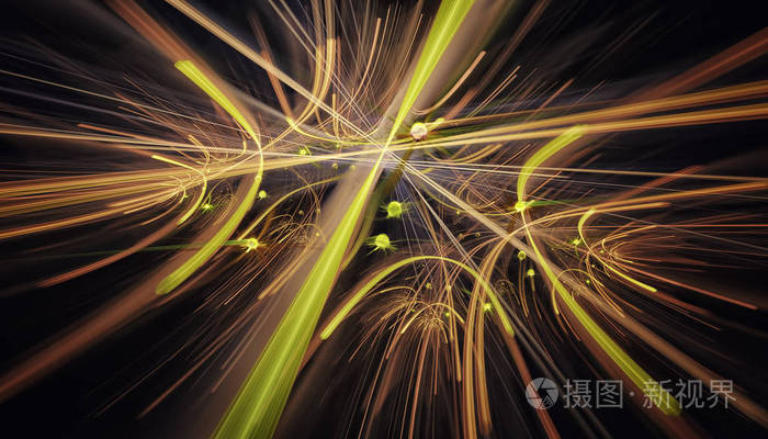 美丽的黄色背景的发光粒子和线与深度的领域和散景.3d 插图, 3d 渲染