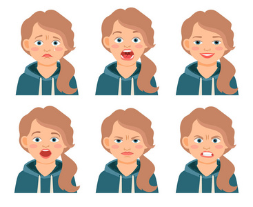 年轻漂亮的女人,可爱的小女孩不同的面部表情.卡通美丽的角色.