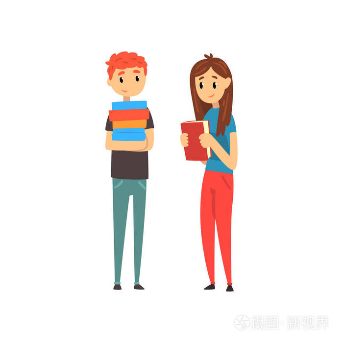 男女学生站在一起看书, 人们在书店里选择书矢量插图白色背景插画-正