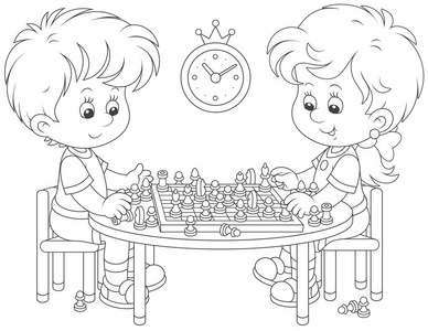 儿童下棋,黑白矢量插图卡通风格小孩子下棋, 矢量插画卡通风格抽象