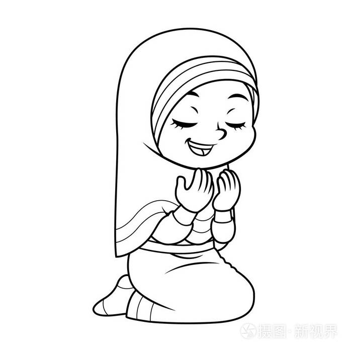 穆斯林女孩真诚地祈祷杜阿插画-正版商用图片1sh63g-摄图新视界