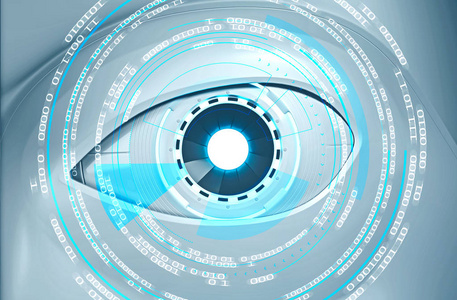 白色机器人面部关闭与相机眼睛扫描hud与白色和蓝色二进制数.