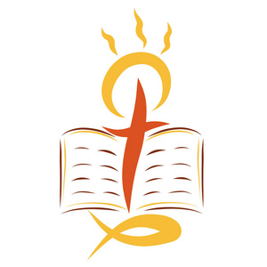 有图有启示圣经中的一页十字架,一个有三条射线的闪光的太阳和一条鱼