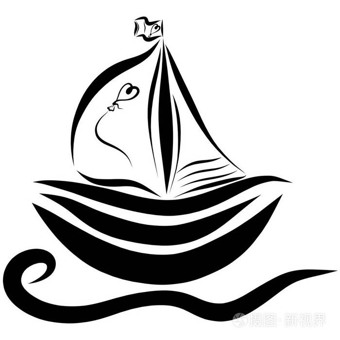 可爱的小船,有一个气球的形状,一个心浮在波浪上