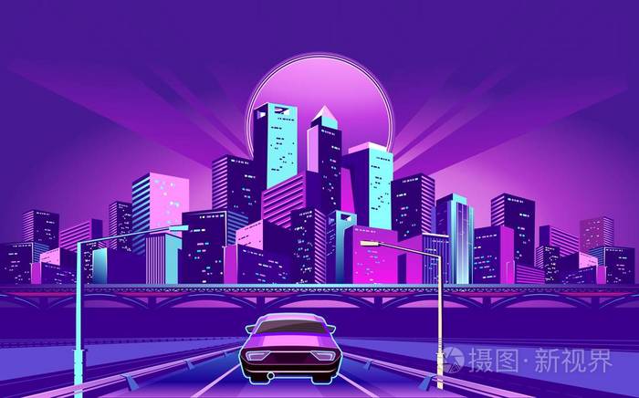 夜间霓虹灯城市的汽车沿着公路飞驰而去,矢量插图