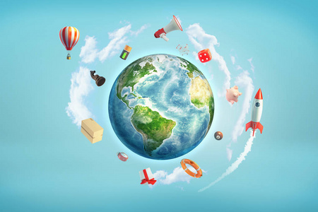 围绕地球3d 地球地球仪被大型物体包围, 如火箭, 骰子, 电池和台球