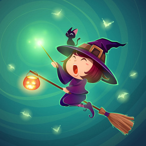 女巫魔杖万圣节的小女巫.穿着万圣节服装的女孩拿着魔杖,矢量插图.