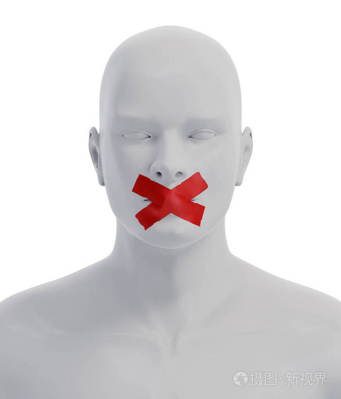 嘴被密封在胶带上的人. 言论自由概念. 三维插图