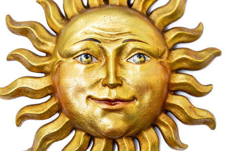 金色太阳脸的象征,阳光隔离在白色上.