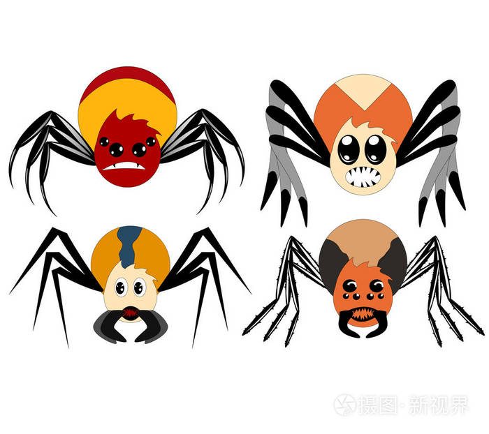 一套四只不同形状和颜色的卡通蜘蛛和邪恶的蜘蛛到地狱的万圣节