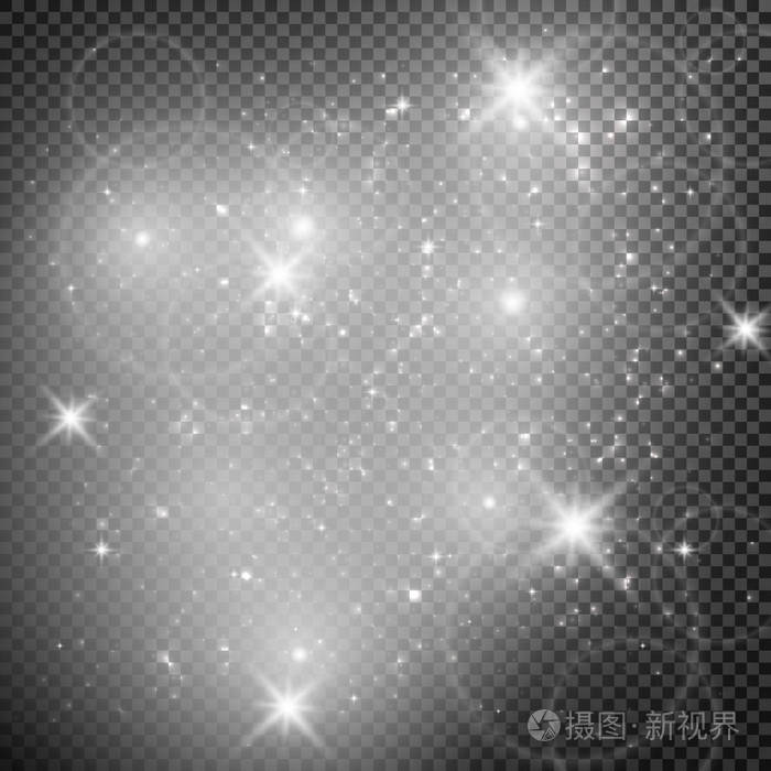白色火花闪耀特殊的光效. 矢量在透明背景上闪闪发光. 圣诞抽象图案.