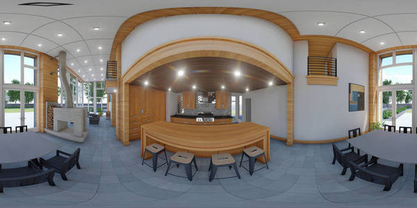 三维球形三维插图球形360度无缝客厅和厨房室内设计全景照片