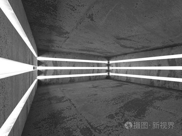 黑暗的地下室空房间内部. 混凝土墙. 建筑背景. 三维渲染图