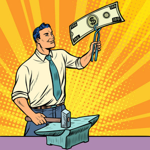 纸币漫画商人铁匠锻造美元的铁砧上的钱照片