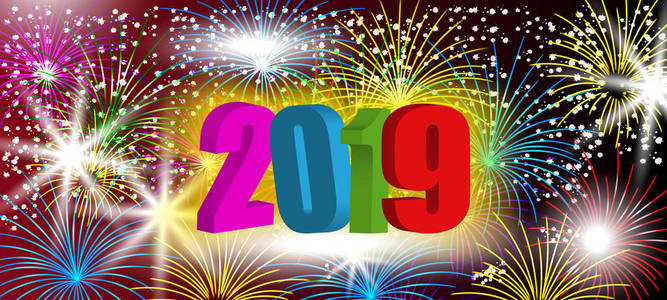 新年3d设计2019与闪闪发光的烟花. 五颜六色的数字到节日背景.