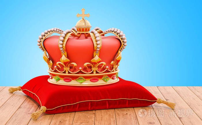 木制桌子上红色天鹅绒枕头上的金色皇家皇冠。 3D渲染