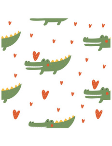 绿色鳄鱼与心脏无缝图案的白色背景照片