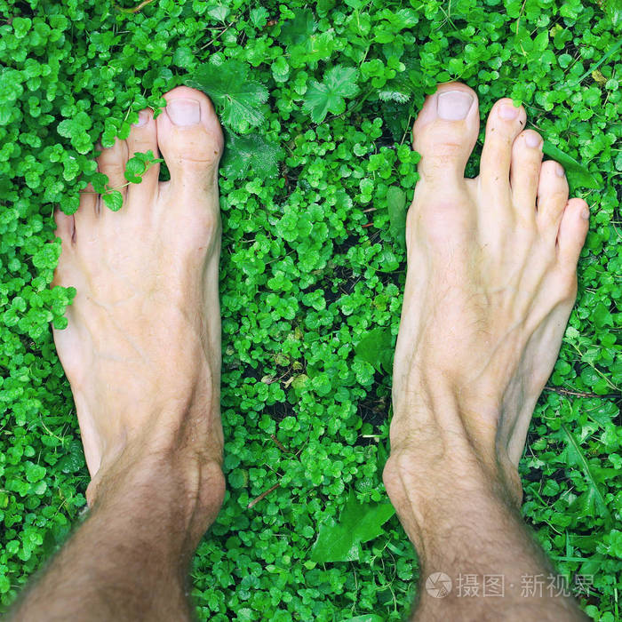 光秃秃的人的脚站在绿草上,从地面上观看,效果是多汁的绿色方形框架