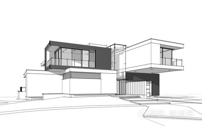河边现代舒适房屋的三维渲染草图,车库出售或出租.