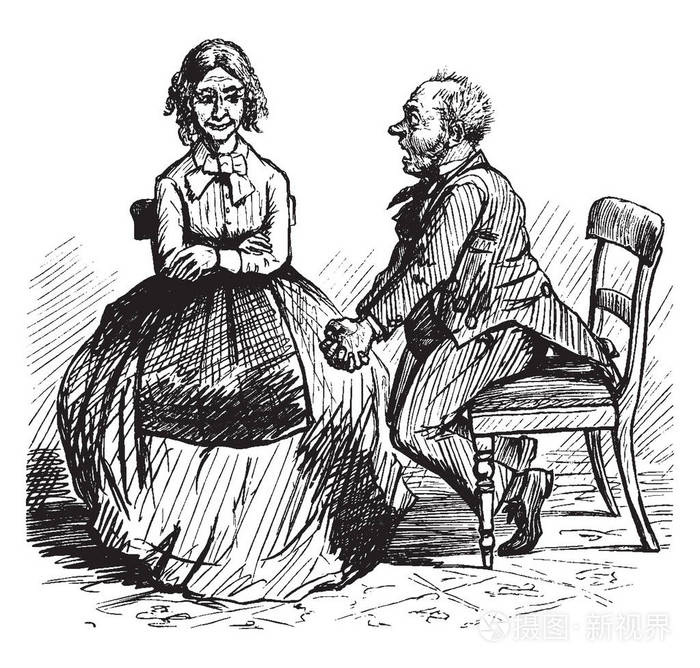 坐在椅子上的男人和女人, 老式插图