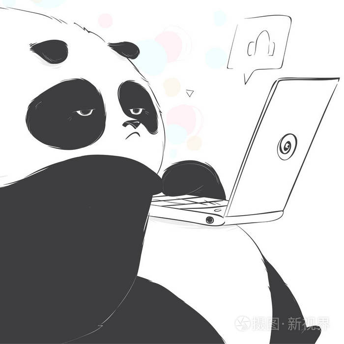 无聊可爱的熊猫看一些笔记本卡通风格. 矢量手绘插图.