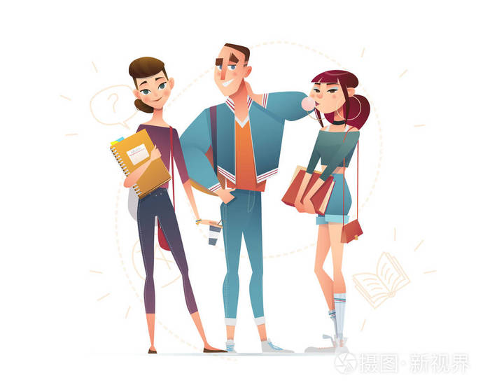 详细的平面卡通人物学生在休闲时尚生活方式团队的年轻人在街头服装