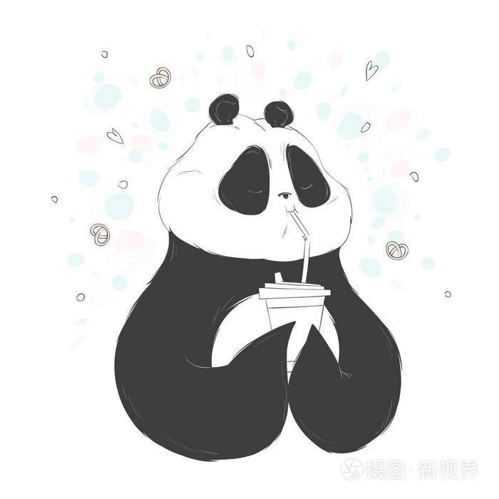 一只熊猫通过吸管咖啡喝酒的插图. 矢量手绘插图.