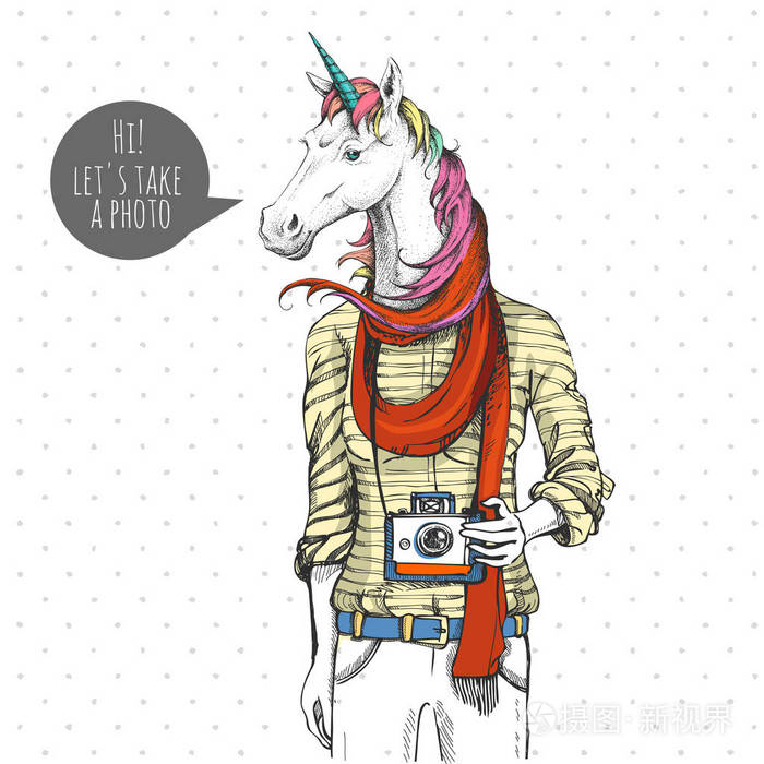 复古时髦时尚幻想动物独角兽 女模特插画 正版商用图片1skegl 摄图新视界