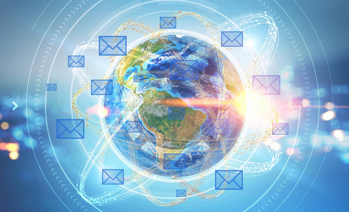 局域网渲染发光的电子邮件图标围绕地球模糊的夜晚城市背景.