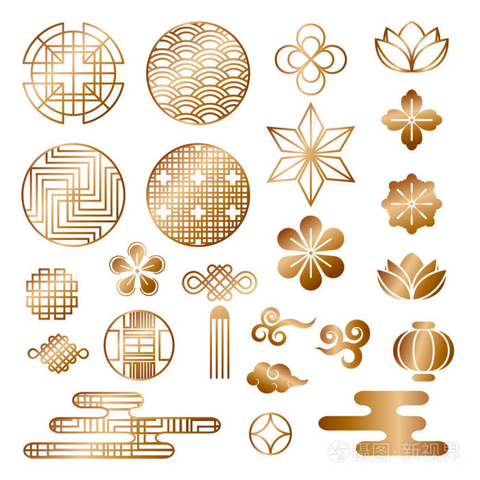 传统韩国日本中式风格图案装饰元素向量集, 网页背景亚洲人设计符号