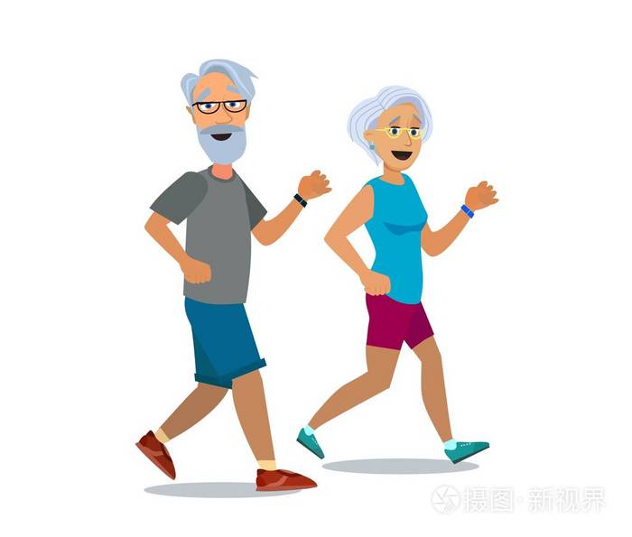 老年夫妇跑步老年男女慢跑的冷矢量平字符设计