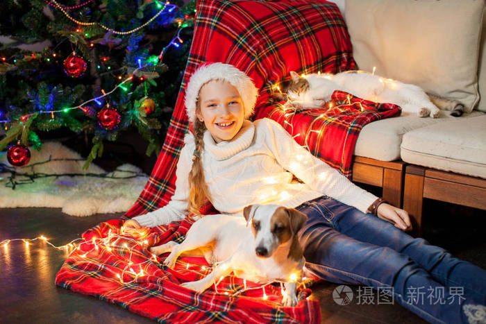 家中圣诞树附近有狗和猫的微笑女孩。圣诞快乐，新年快乐