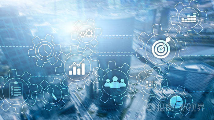 业务流程自动化概念. 抽象背景上的齿轮和图标.