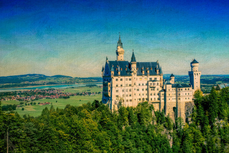 弗城堡美丽的neuschwanstein城堡在德国弗森,具有古老的复古纹理效果