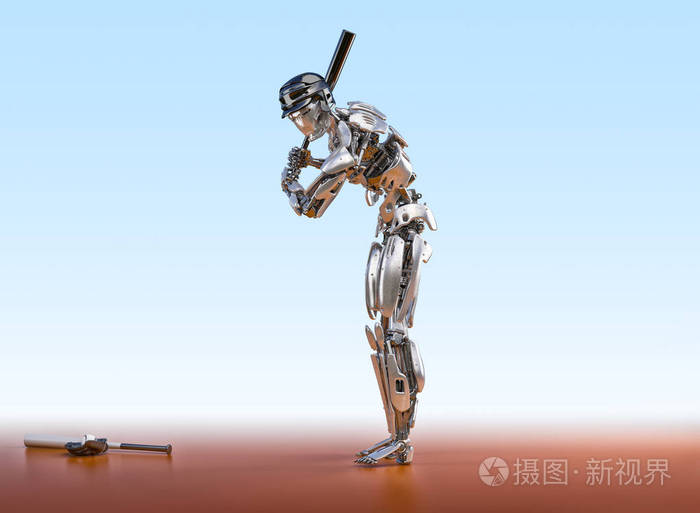棒球运动员机器人。人类和机器人的整合概念。机器人技术3d 插图