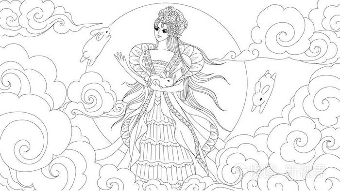 插画 中国女月亮女神与可爱的拉比设计元素和着色书页抗压力.矢量图.