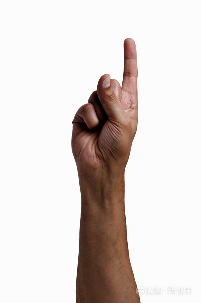 靠近男人的手,用白色背景显示食指照片-正版商用图片1slher-摄图新视