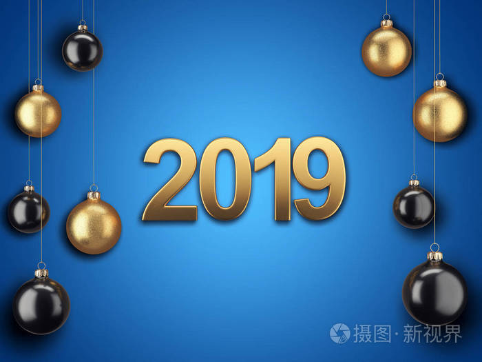 3D渲染圣诞卡与圣诞球和铭文2019