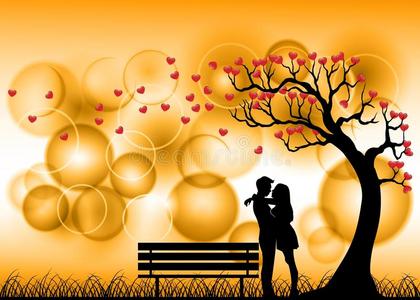 在爱情树下约会情侣的剪影