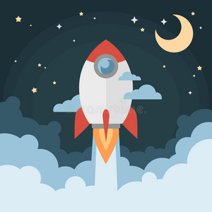 卡通现代平板火箭发射在太空飞行照片