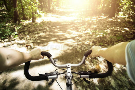 骑自行车的人在森林里日落时骑自行车超速
