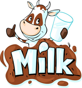 有趣的奶牛在牛奶文本后面拿着一杯牛奶