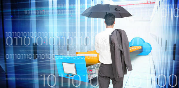 商人背靠镜头肩上撑着雨伞和夹克的合成图像