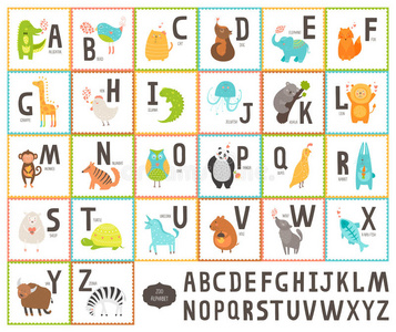 可爱的矢量动物园字母与卡通动物